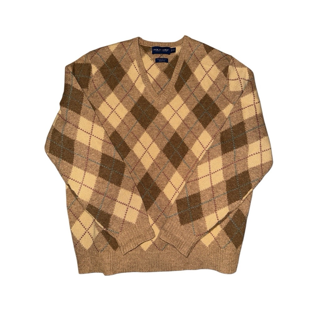 VTG Polo Golf Ralph Lauren V Neck Sweater Men's XL Wool Alpaca Argyle Pullover